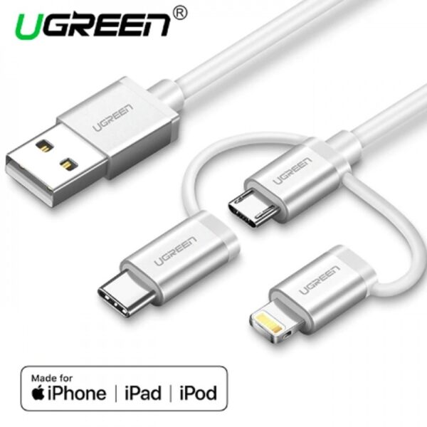 10 Ugreen 1 Mtr Usb 2.0 To Micro Usb+lightning+type C (3 In 1) Data