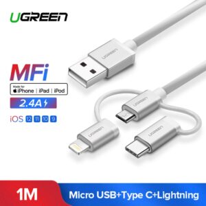 Ugreen 1 Mtr Usb 2.0 To Micro Usb+lightning+type C (3 In 1) Data