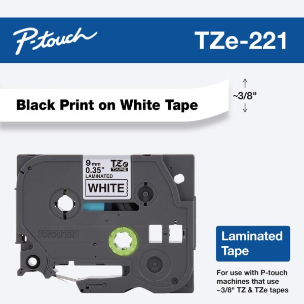 32 Brother Genuine P-touch TZE-221 Tape, 3/8" (0.35") Standard Laminated P-touch Tape, Black on White, Laminated for Indoor or Outdoor Use, Water Resistant, 26.2 Feet (8M), Single-Pack