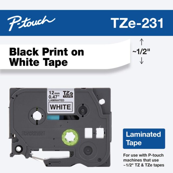 33 Brother Genuine P-touch TZE-231 Tape, 1/2" (0.47") Wide Standard Laminated Tape, Black on white, Laminated for Indoor or Outdoor Use, Water-Resistant, 0.47" x 26.2' (12mm x 8M), TZE231