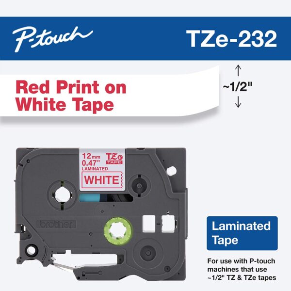 35 Brother Genuine P-Touch TZE-232 Tape, 1/2" (0.47 mm) Standard Laminated P-Touch Tape, Red on White Laminated for Indoor or Outdoor Use, Water-Resistant 26.2 ft (8m), Single-Pack