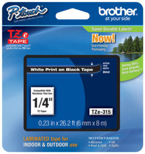 36 BROTHER TZE-315 1/4 IN. WHITE ON BLACK P-TOUCH TAPE