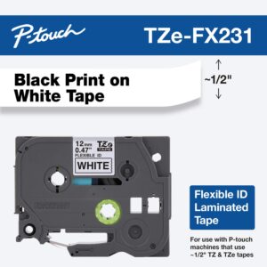 Brother Genuine P-touch TZE-FX231 Tape, 1/2" (0.47") Wide Flexible-ID Laminated Tape, Black on White, Best Suited for Wire Wrapping and Frlagging, Water-Resistant, 0.47" x 26.2' (12mm x 8M), TZEFX231