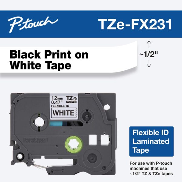 51 Brother Genuine P-touch TZE-FX231 Tape, 1/2" (0.47") Wide Flexible-ID Laminated Tape, Black on White, Best Suited for Wire Wrapping and Frlagging, Water-Resistant, 0.47" x 26.2' (12mm x 8M), TZEFX231