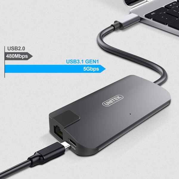 Unitek Y-dk09016 5-in-1 Usb-c Ethernet Hub With Dual Monitor & 60w Pd