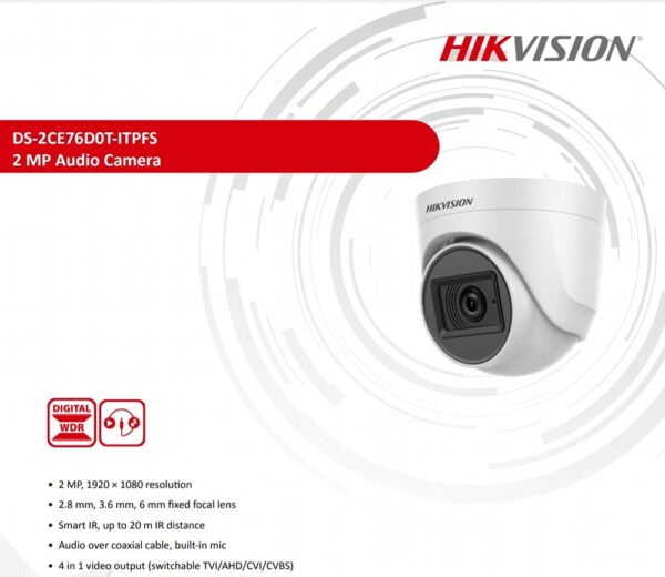 Hikvision 2mp Dome Camera With Build-in Mic Ds-2ce76d0t-itpfs Tvi Cvbs