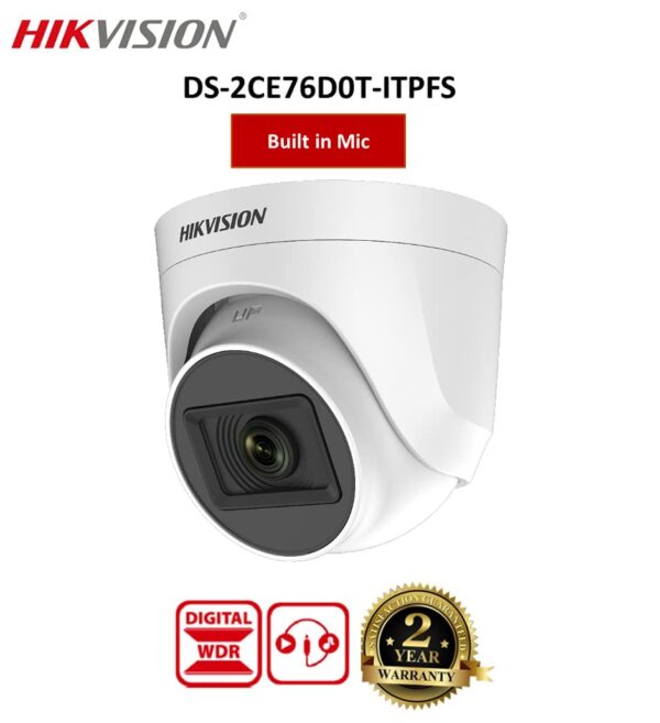 Hikvision 2mp Dome Camera With Build-in Mic Ds-2ce76d0t-itpfs Tvi Cvbs