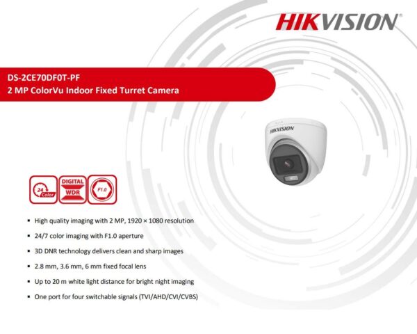 Hikvision 2mp Colorvu Dome Camera Ds-2ce70df0t-pf