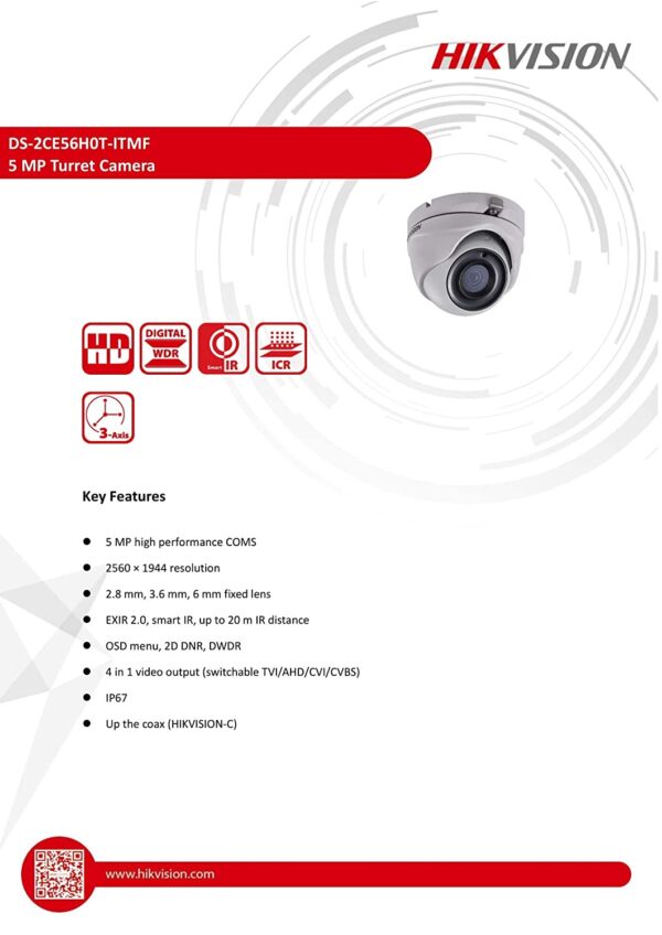 Hikvision 5mp Dome Cctv Camera Ds-2ce56hot-itpf Tvi/ahd/cvi/cvbs