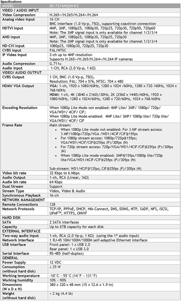 Hikvision Ds-7216hqhi-k2 (16-port) Turbo Hd Dvr (4mp Lite Dvr)