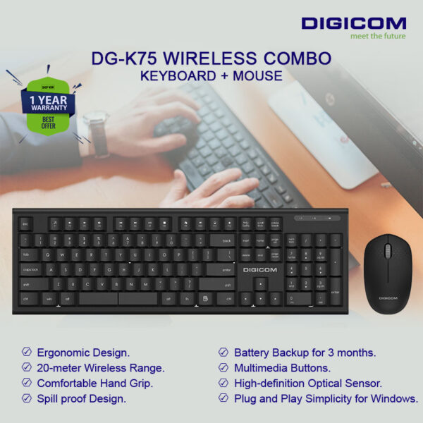 Digicom Wireless Keyboard Mouse Combo K75 With 1yr Wrnty.