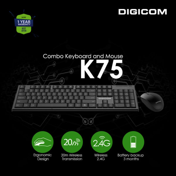 Digicom Wireless Keyboard Mouse Combo K75 With 1yr Wrnty.