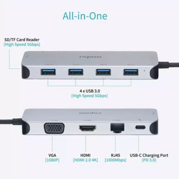 Rapoo Xd200 Type C Multi Function Adapter 10-in-1 Grey