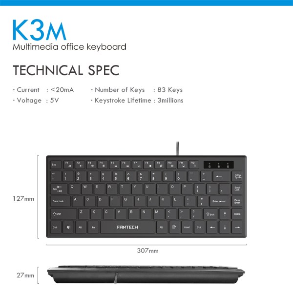 Fantech K3m Ultra Slim Wired Office Keyboard With 87 Keys For Notebook