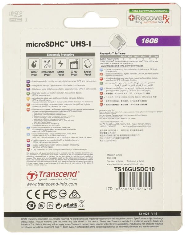 8170ZUbhgeL._SL1500_ Transcend Sd Card - Class U1 16 Gb - Class 10 - U1