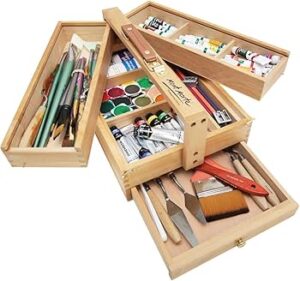 Mont Marte Multi-Purpose Wooden Art Box. 3 Layers of Storage for Organizing Art Supplies. Features a Leather Carry Handle for Easy Transport